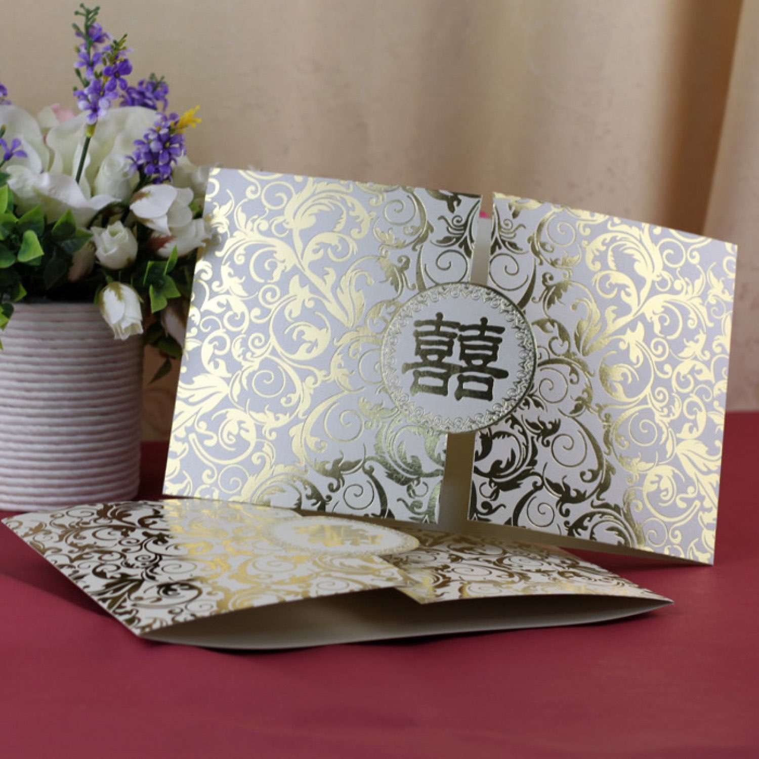 Gate Fold Chinese Style Wedding Invitation Birthday Invitation Foil Printing 
